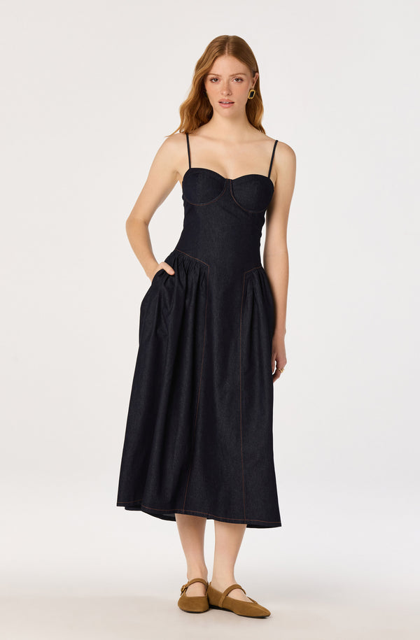 ASTR the Label | Margaux Denim Bustier Midi Dress in Dark Denim | Size XS ASTR the Label | Margaux Denim Bustier Midi Dress in Dark Denim | Size XS