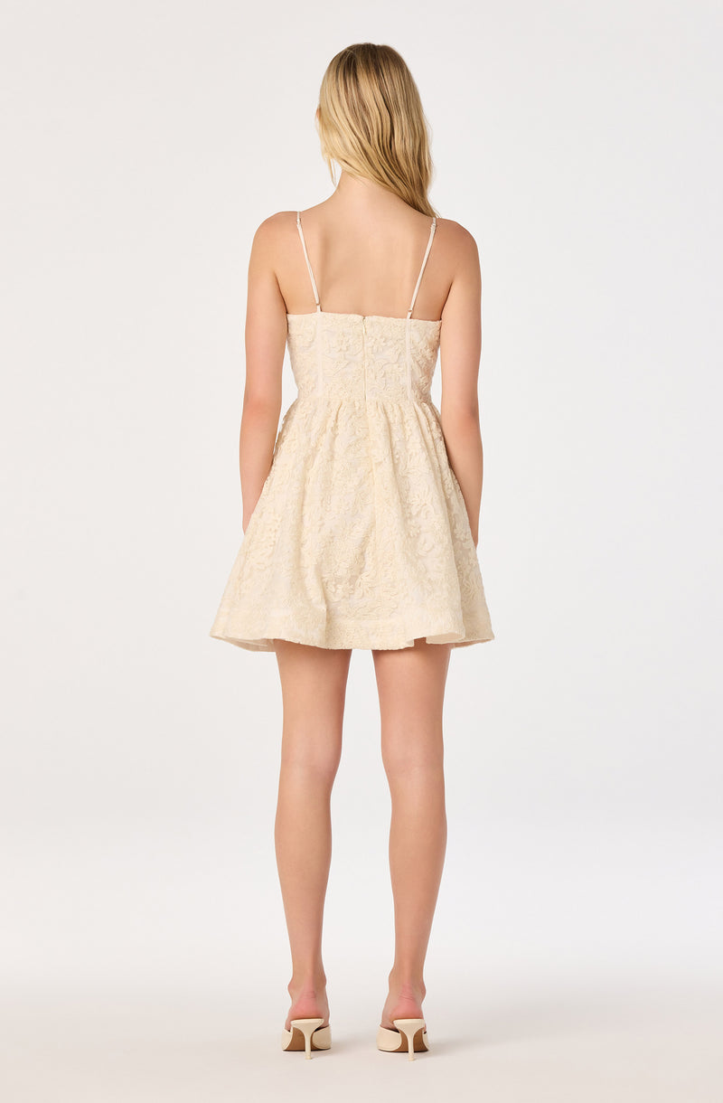 Woman in cream lace dress with thin straps, above-the-knee hem, and open back.