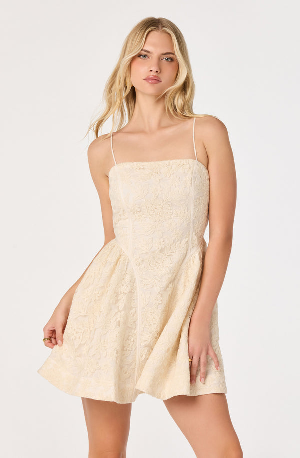 natalya corset off the shoulder satin midi dress ASTR the Label | Natalya Floral Embroidered Mini Dress in Cream
