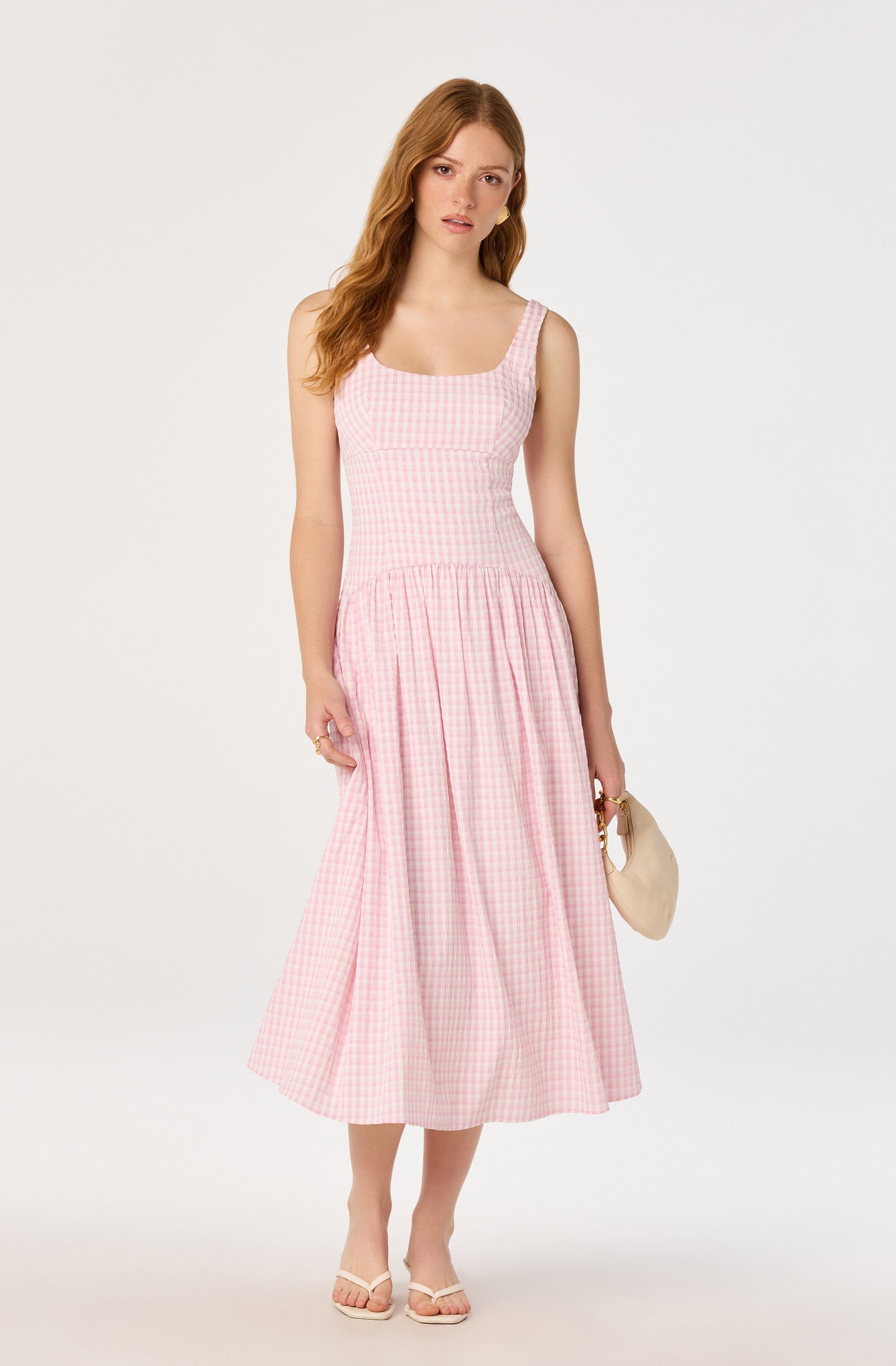 Astr The Label | Cara Gingham Sleeveless Midi Dress in Pink Gingham | Size M