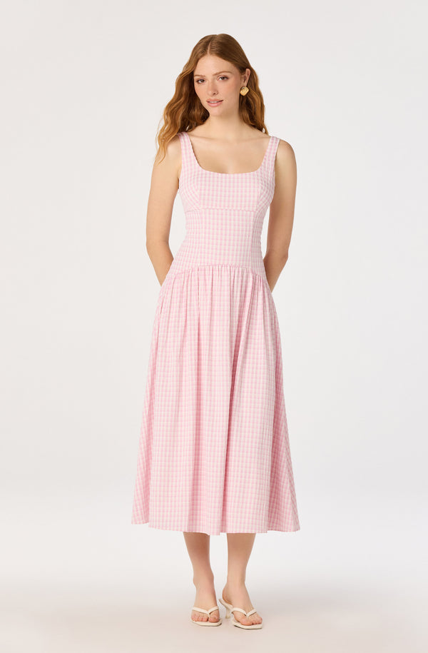 ASTR the Label | Cara Gingham Sleeveless Midi Dress in Pink Gingham | Size M