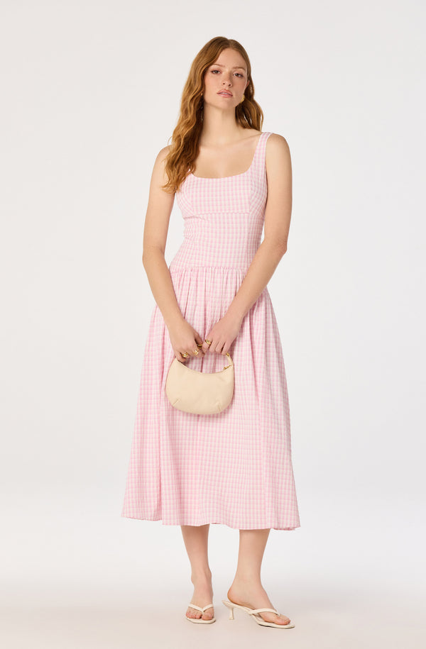 ASTR the Label | Cara Gingham Sleeveless Midi Dress in Pink Gingham | Size M
