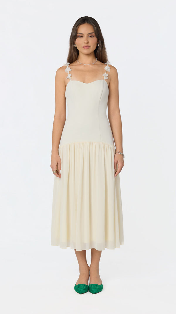 ASTR the Label | Amia Floral Applique Midi Dress in Cream | Size M ASTR the Label | Amia Floral Applique Midi Dress in Cream | Size M
