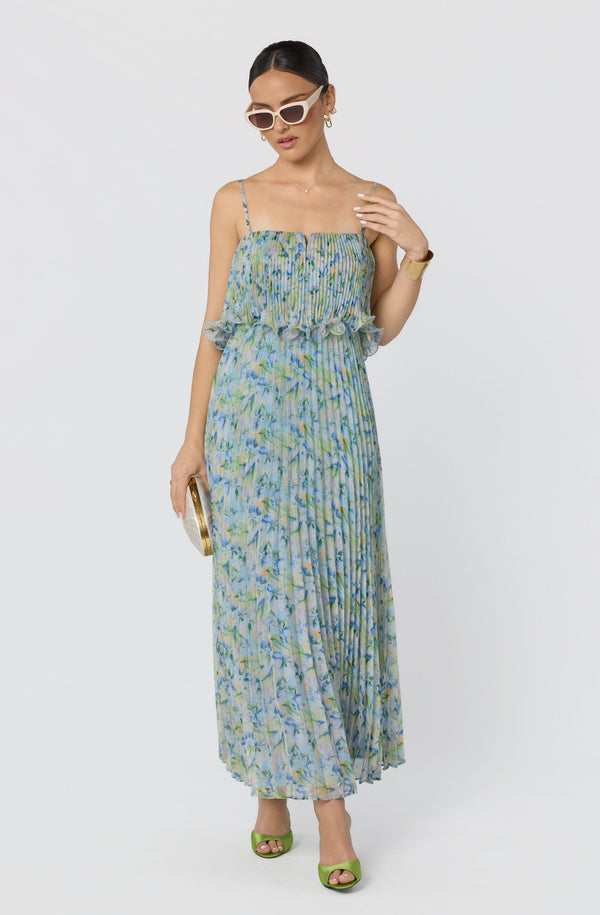 ASTR the Label | Makennah Pliss Floral Maxi Dress in Blue Green Floral | Size S ASTR the Label | Makennah Pliss Floral Maxi Dress in Blue Green Floral | Size S