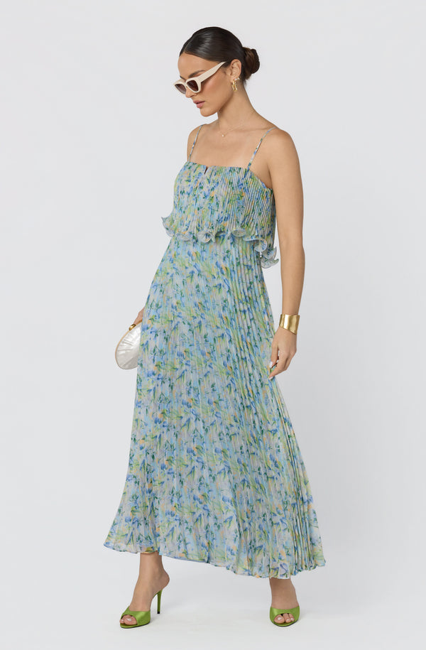 ASTR the Label | Makennah Plissé Floral Maxi Dress in Blue Green Floral