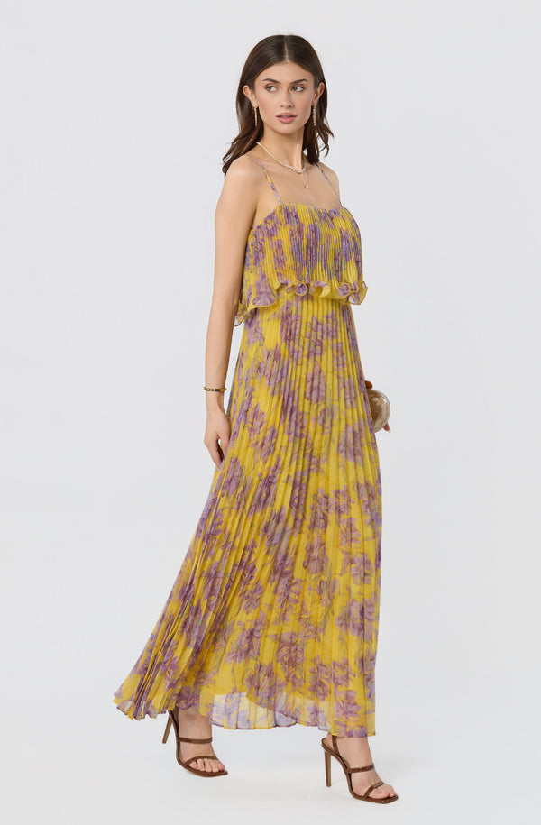 Makennah Plissé Floral Maxi Dress