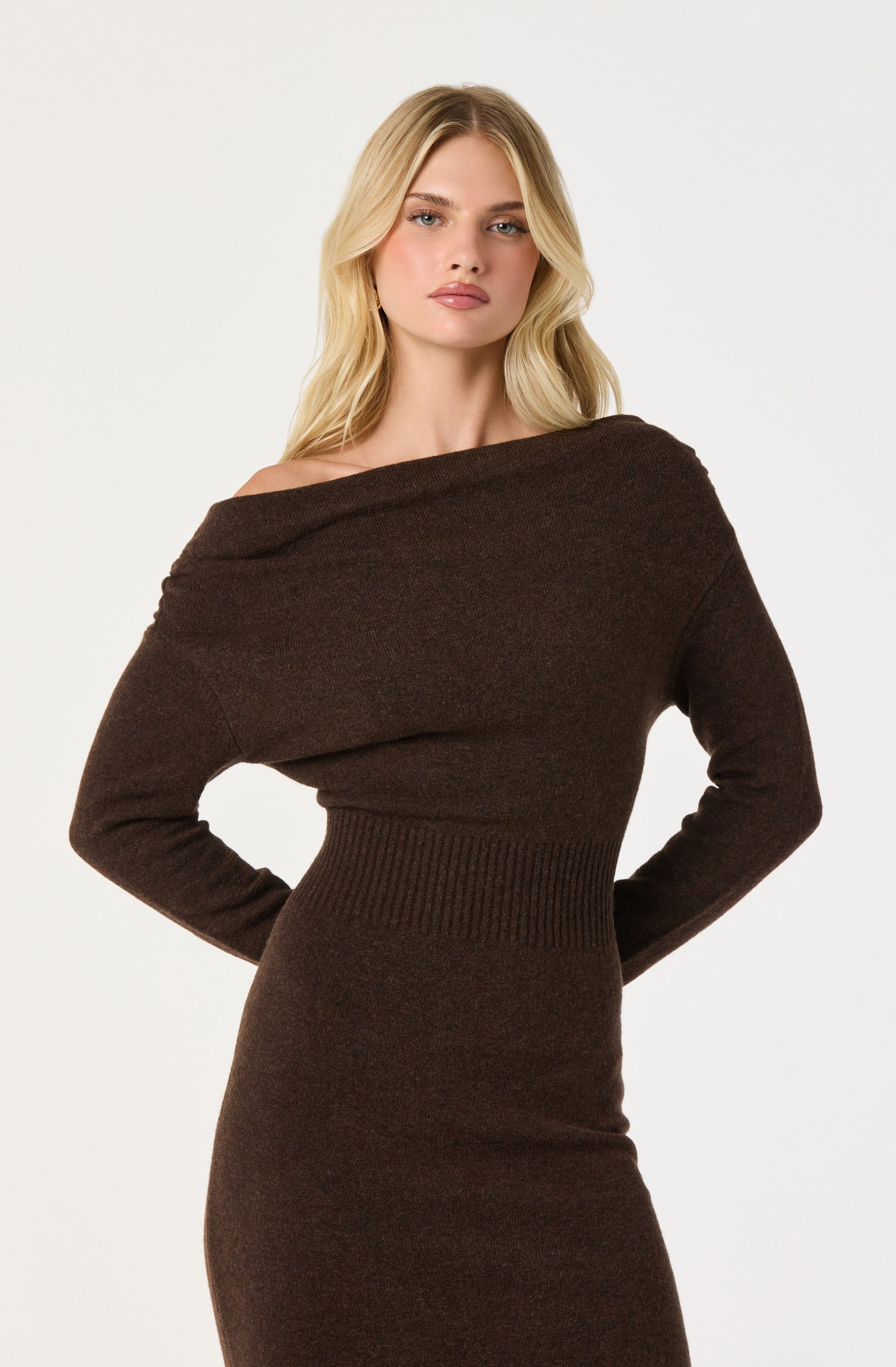 Woman wearing a dark brown, off-the-shoulder knit dress with a cinched waist.