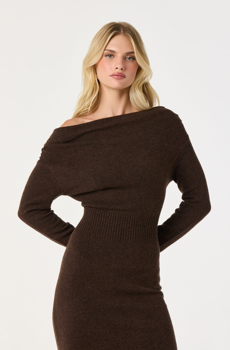 Woman wearing a dark brown, off-the-shoulder knit dress with a cinched waist.