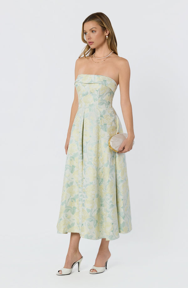 Destini Floral Jacquard Strapless Midi Dress - ASTR the Label Destini Floral Jacquard Strapless Midi Dress - ASTR the Label