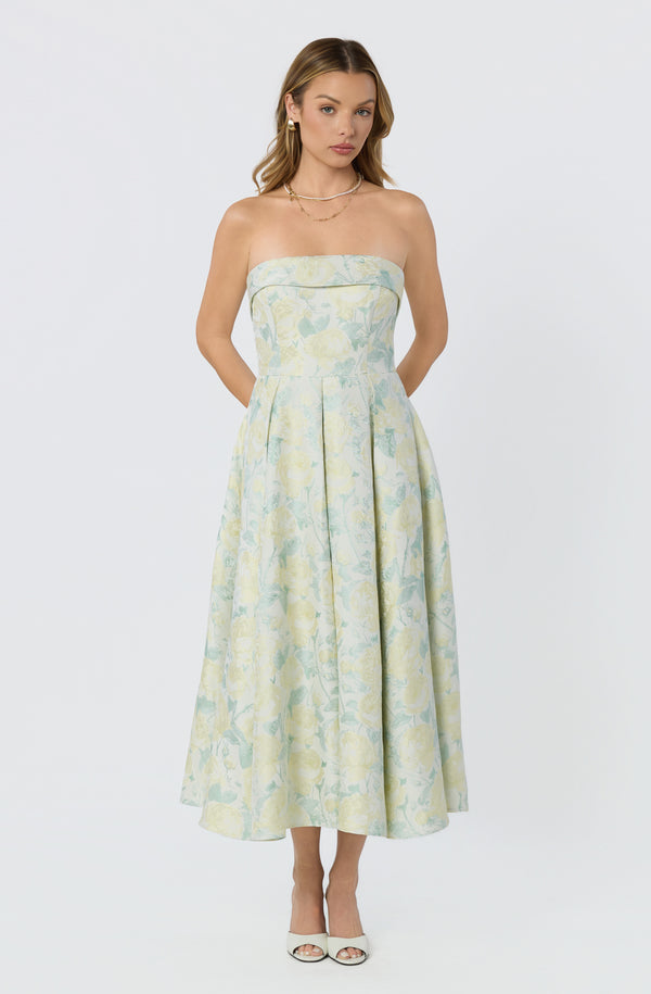 Destini Floral Jacquard Strapless Midi Dress - ASTR the Label Destini Floral Jacquard Strapless Midi Dress - ASTR the Label