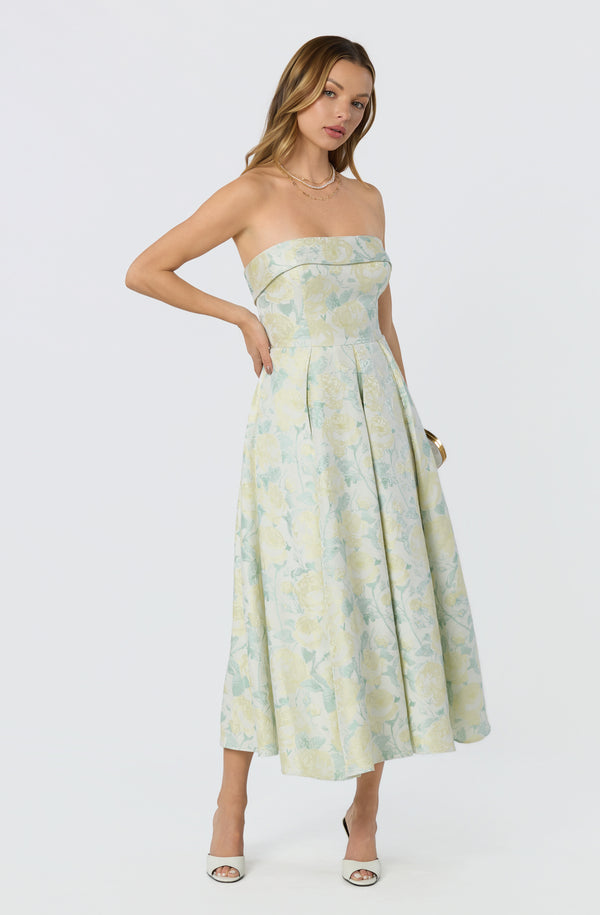 Destini Floral Jacquard Strapless Midi Dress - ASTR the Label Destini Floral Jacquard Strapless Midi Dress - ASTR the Label