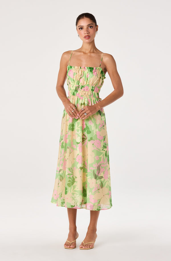 knee length dresses for ladies Calliope Silk Midi Dress - Daffodil Floral Print Cap Sleeve Sundress main image 0