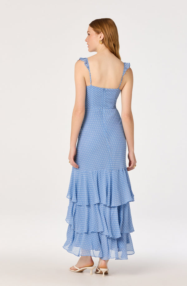 ASTR the Label | Alcina Tiered Maxi Dress in Blue White Polkadot | Size L ASTR the Label | Alcina Tiered Maxi Dress in Blue White Polkadot | Size L