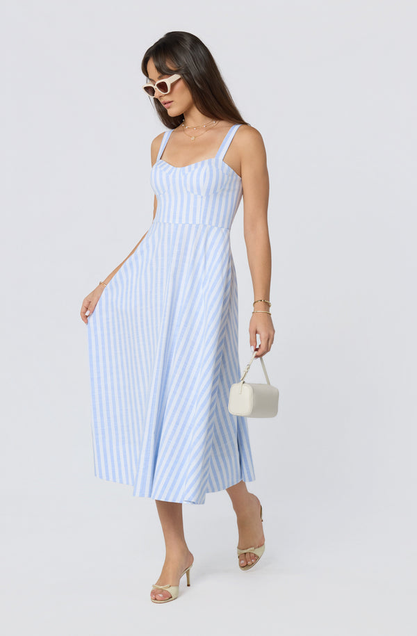strapless open back dress Isabela Striped Sweetheart Midi Dress