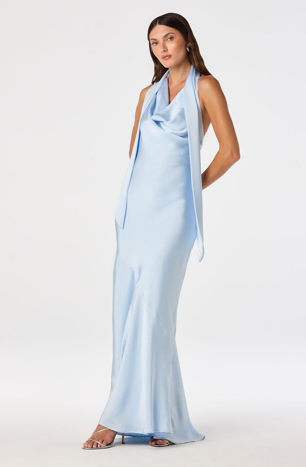 The Label Varya Cowl Neck Satin Maxi Slipdress in Blue The Label Varya Cowl Neck Satin Maxi Slipdress in Blue