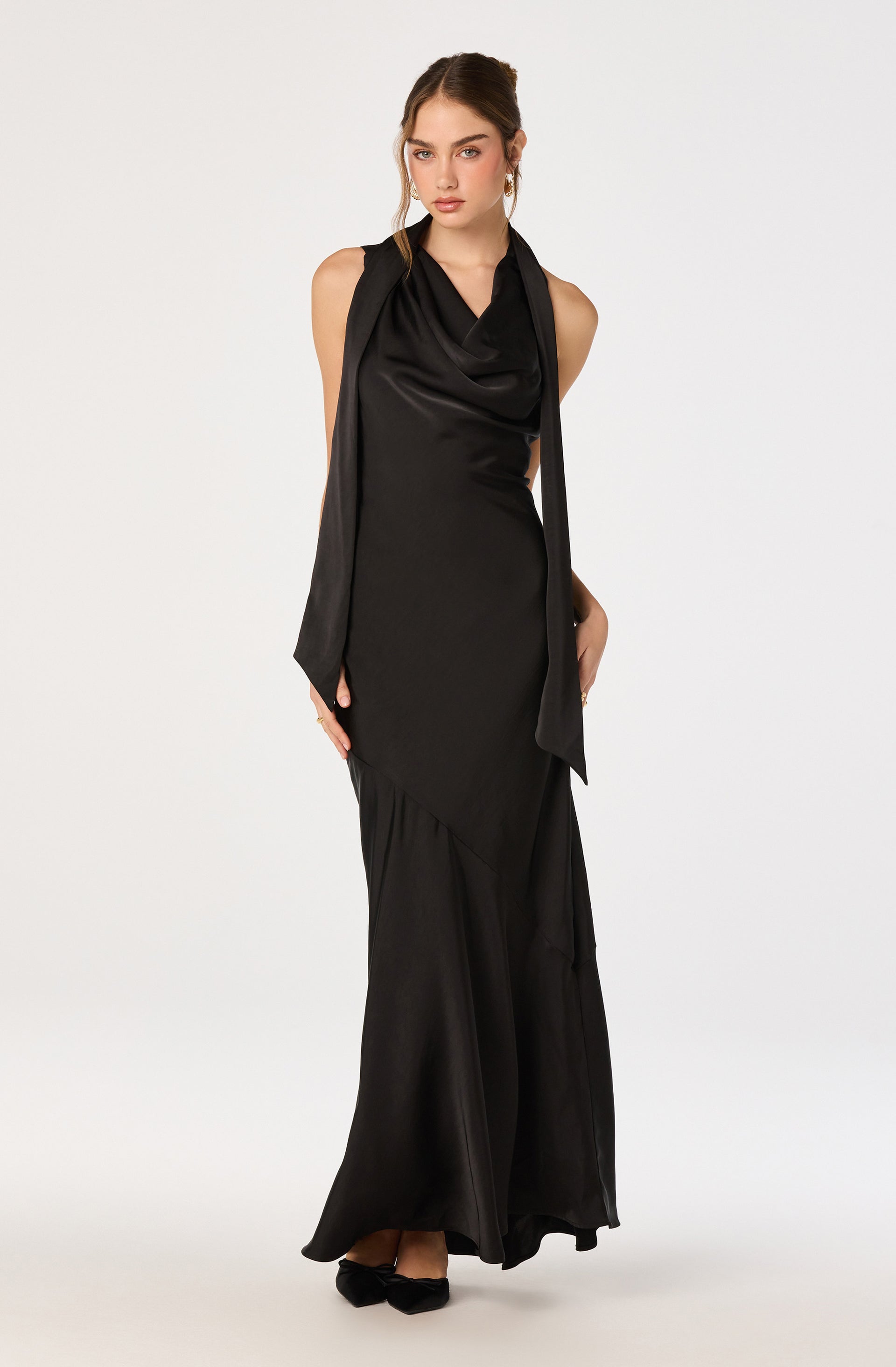 Astr The Label | Varya Satin Cowl Neck Maxi Dress in Black | Size XL