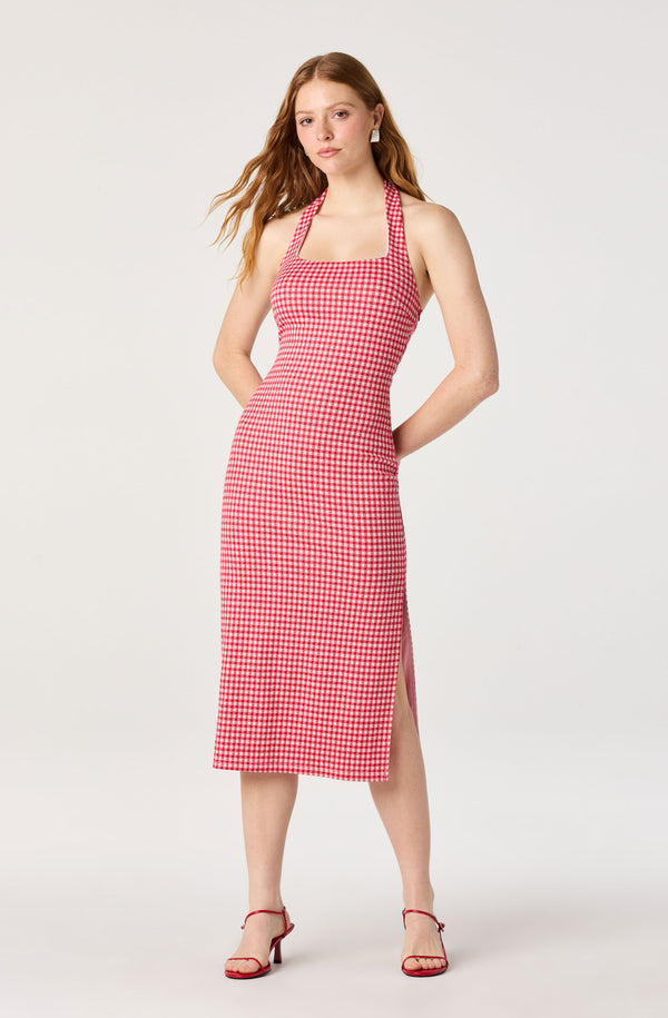 open lace back dress Red Halter Low Back Ruched Midi Dress – PinkBlush main image 1