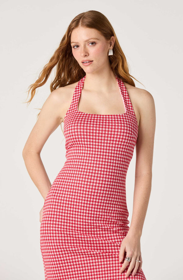 ASTR the Label | Alice Halter Gingham Fitted Midi Dress in Red Gingham | Size L ASTR the Label | Alice Halter Gingham Fitted Midi Dress in Red Gingham | Size L
