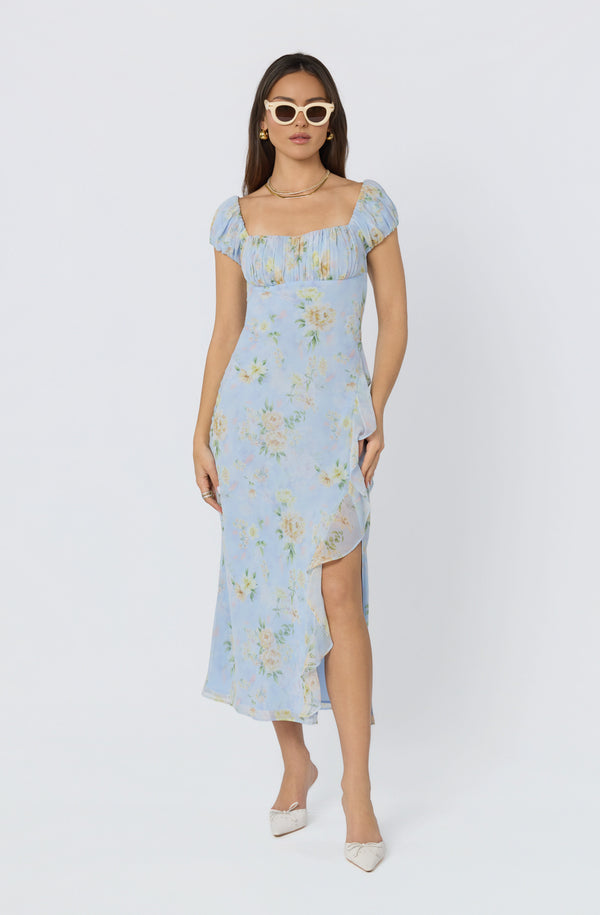 Blue Floral Dress With Puff Sleeves Sky Blue Floral Print Deep V Neck Puff Sleeve Flowy Blue Floral Dress With Puff Sleeves Sky Blue Floral Print Deep V Neck Puff Sleeve Flowy