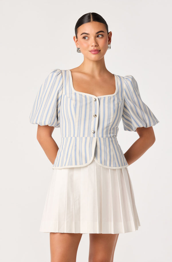 striped pleated mini dress Blue Stripe Cotton Pleated Shirt Dress - Mini Dresses