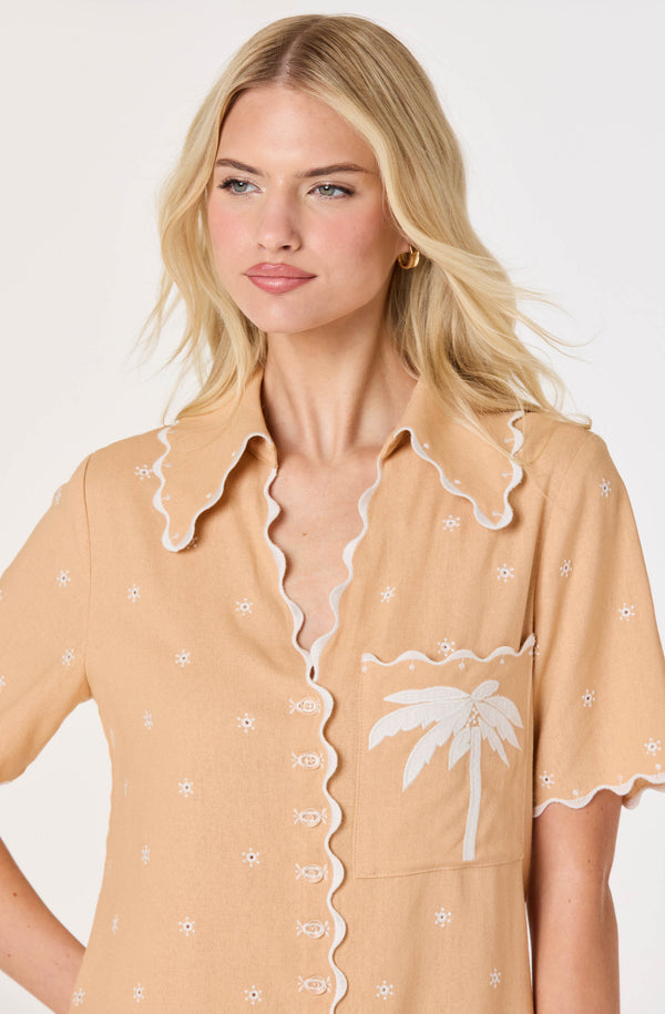 palm tree mini dress Palm Trees Shirred Waist Mini Dress Orange/Navy