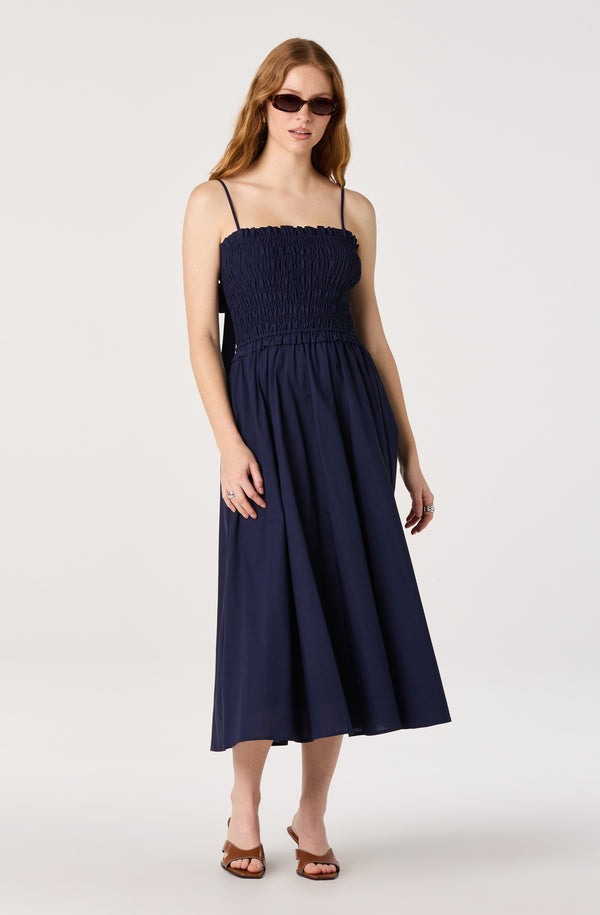 ASTR the Label | Harper Smocked A-Line Midi Dress in Navy | Size XS