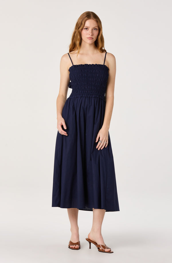 navy blue dress with brown sandals Women's Outfit: Navy Lace Midi Dress, Beige Leather Heeled Sandals, White Leather Clutch, Dark Brown Sunglasses