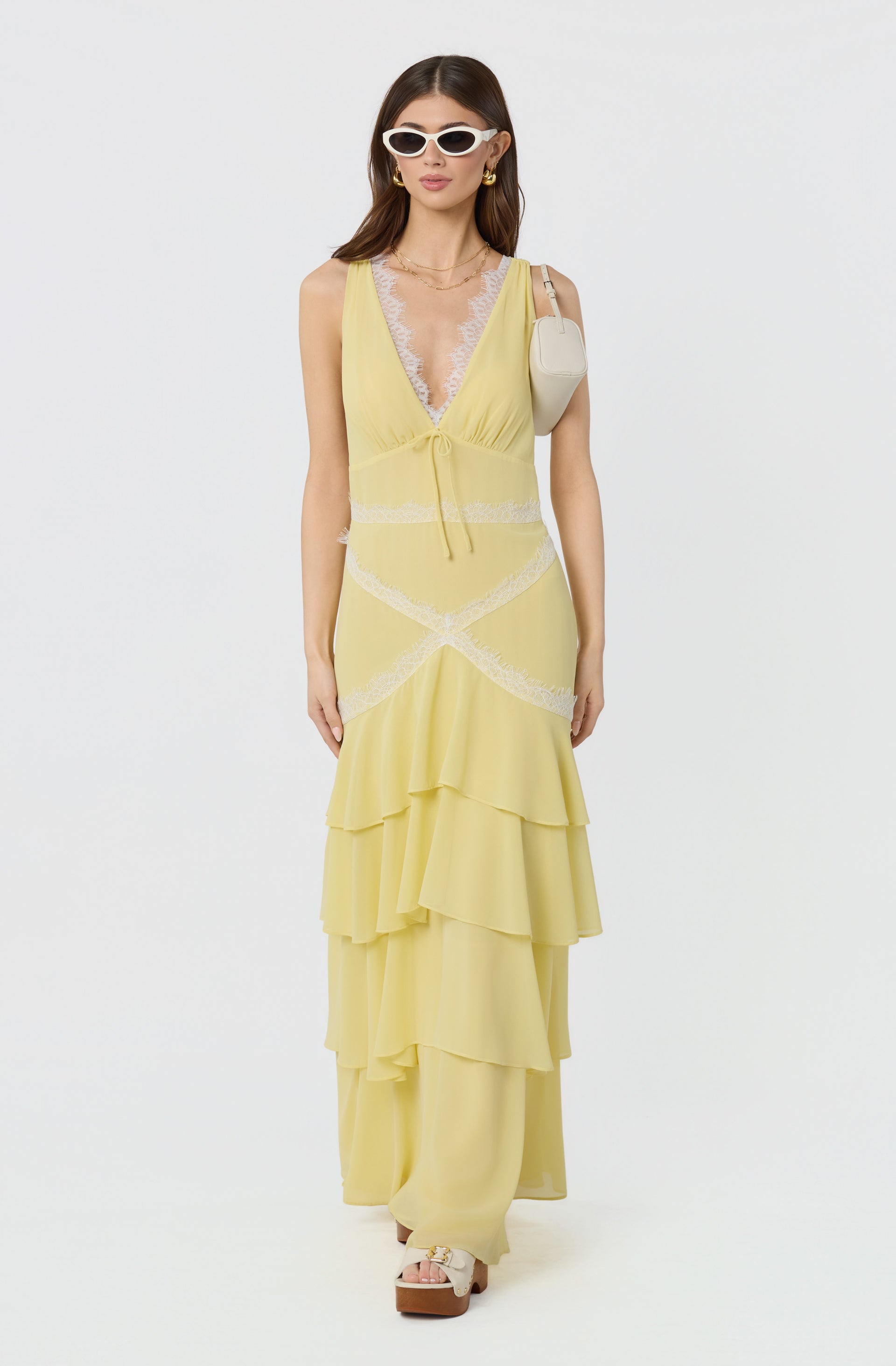 knee length dresses for ladies Light Yellow Round Neck Sleeveless Georgette & Lace Floral Fit & Flare Maxi  Dress for Women