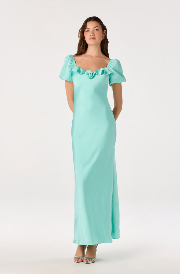 ASTR the Label | Bethrose 3D Rose Satin Maxi Dress in Seafoam | Size XS ASTR the Label | Bethrose 3D Rose Satin Maxi Dress in Seafoam | Size XS