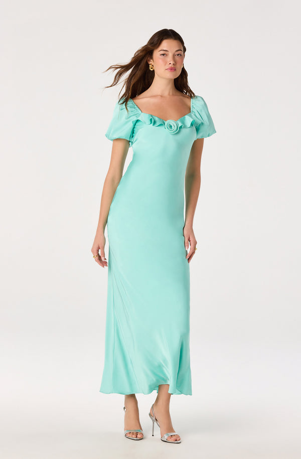 turquoise satin maxi dress ASTR the Label | Bethrose 3D Rose Satin Maxi Dress in Seafoam