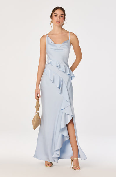 fitted lace wedding dress Adelina Blue Maxi Dress | One-Shoulder Cut-out, Rhinestone Accents main image 1