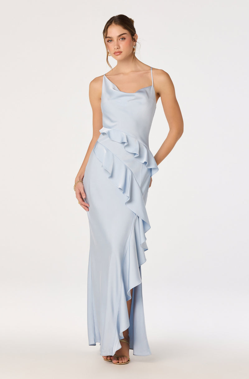Light blue satin spaghetti strap dress with ruffle details along the front.