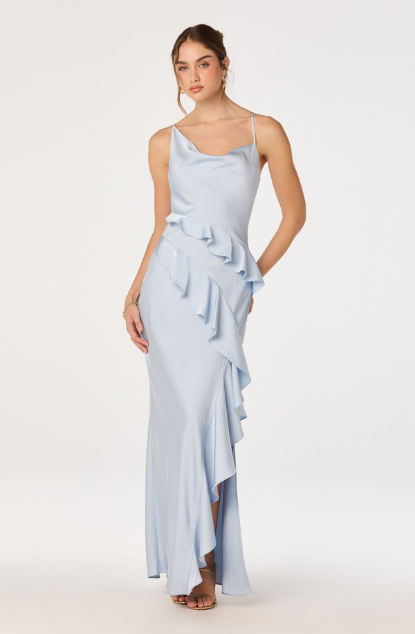 fitted lace wedding dress Adelina Satin Ruffle Maxi Dress