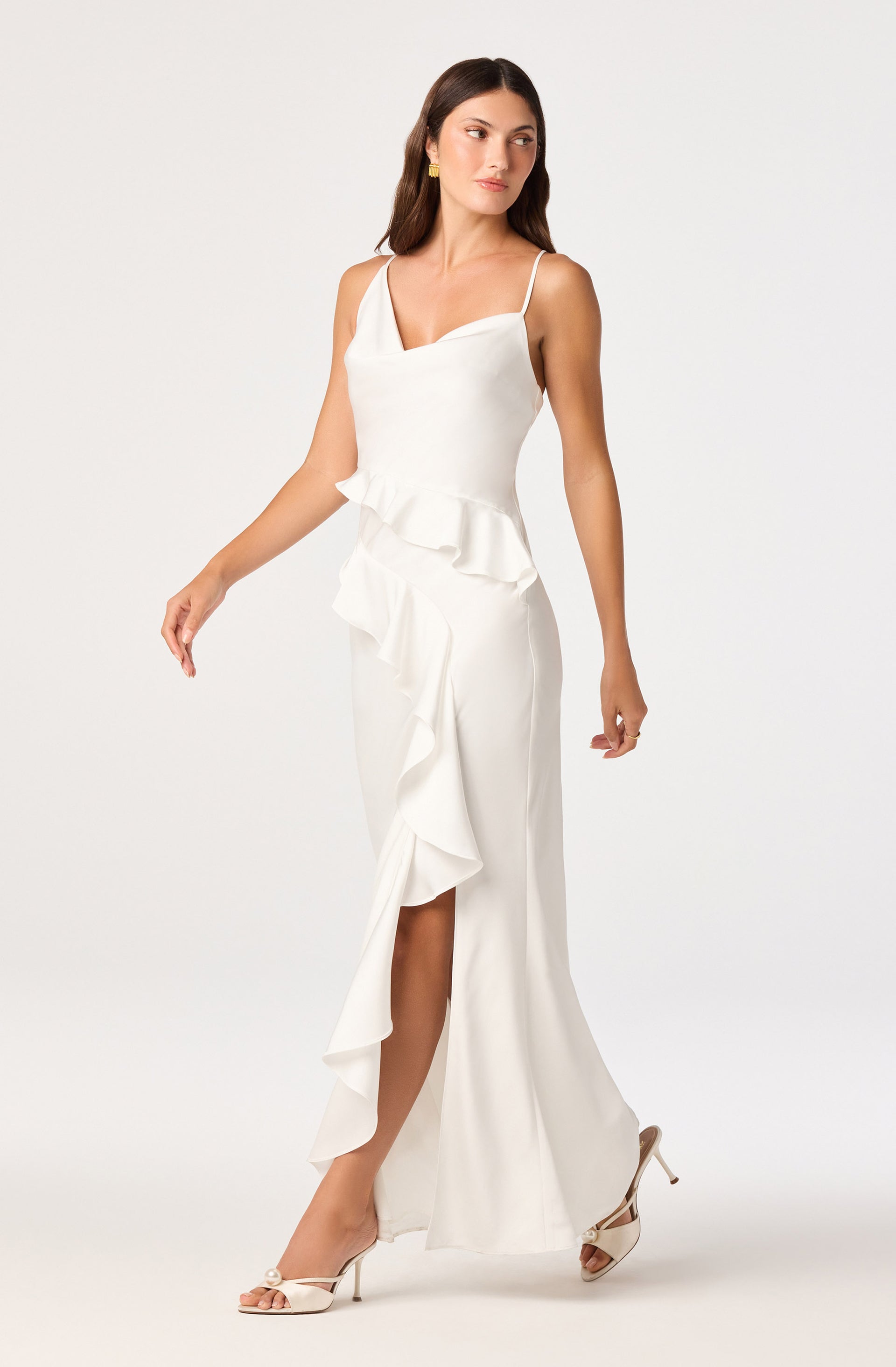 chinese dress ladies Adelina Satin Ruffle Maxi Dress