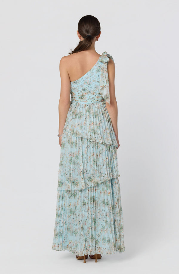 strapless open back dress Tearra Floral One-Shoulder Tiered Maxi Dress