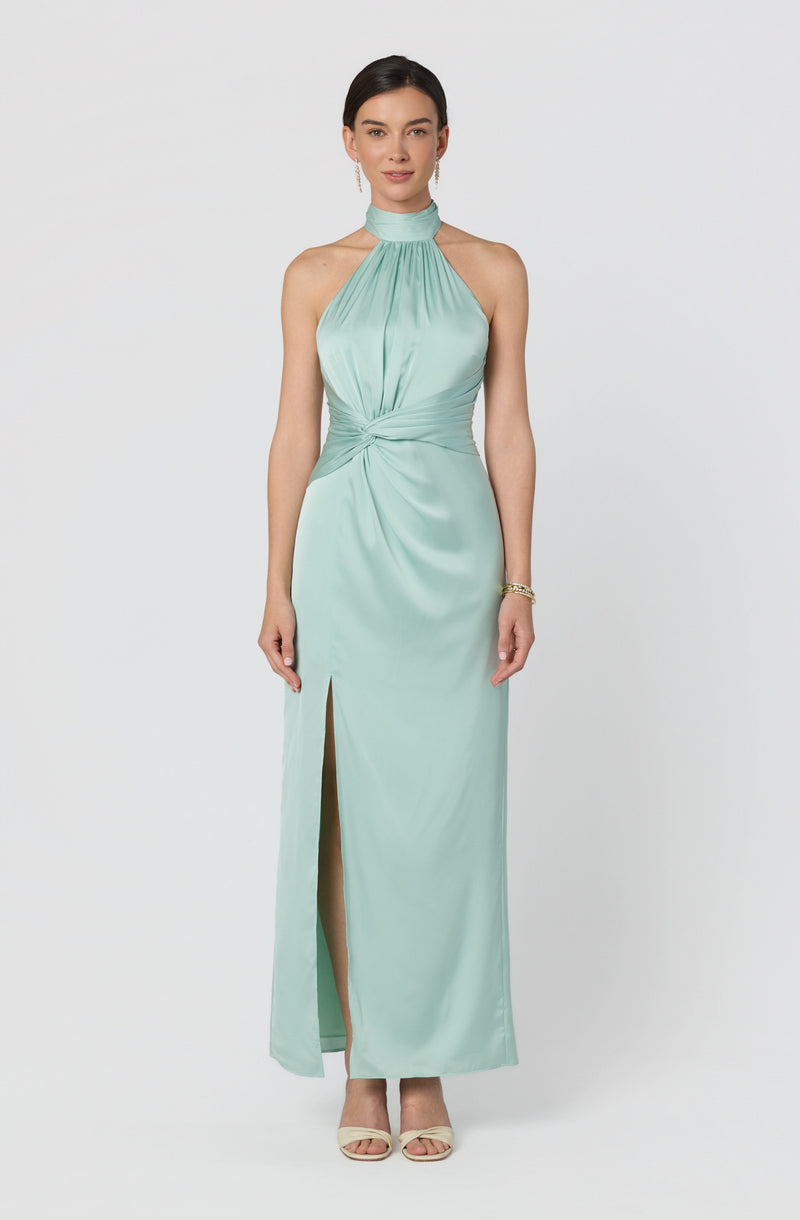 Light aqua halter-neck satin evening gown with a high slit and gathered waist detail.