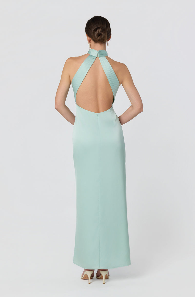 Back view of a woman wearing a light blue, open-back, halter-style evening gown with a long, flowing skirt.