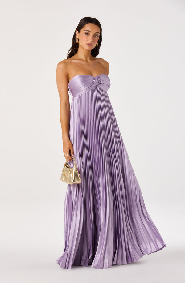 slim fit dress slacks Cyrina Plissé Strapless Maxi Gown