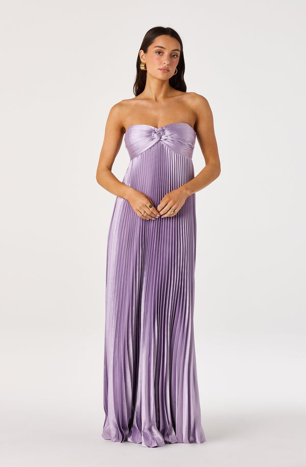 perfected elegance mauve satin pleated strapless maxi dress Long Mauve Satin Strapless Split Dress main image 0