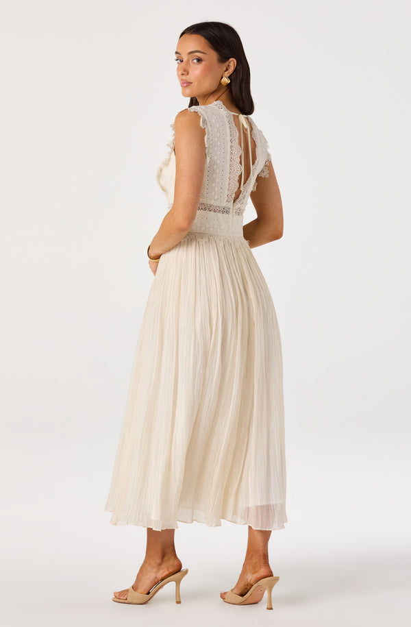 cream lace trim pleated midi dress Lace Trimmed Midi Dress M