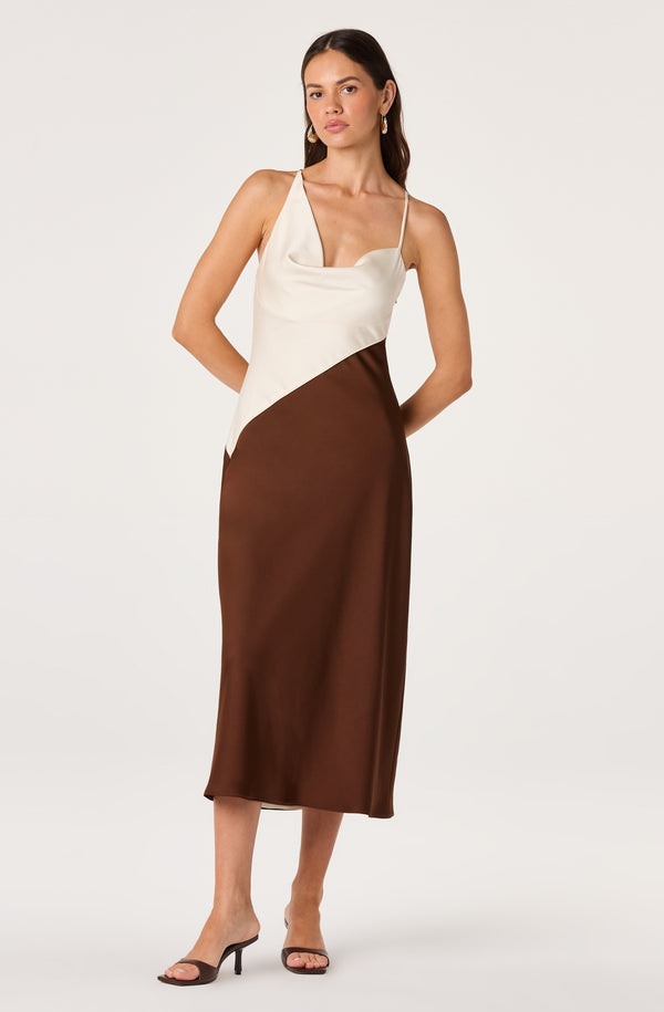 Amiyah Colorblock Cowl Neck Midi Dress Cream Brown / M