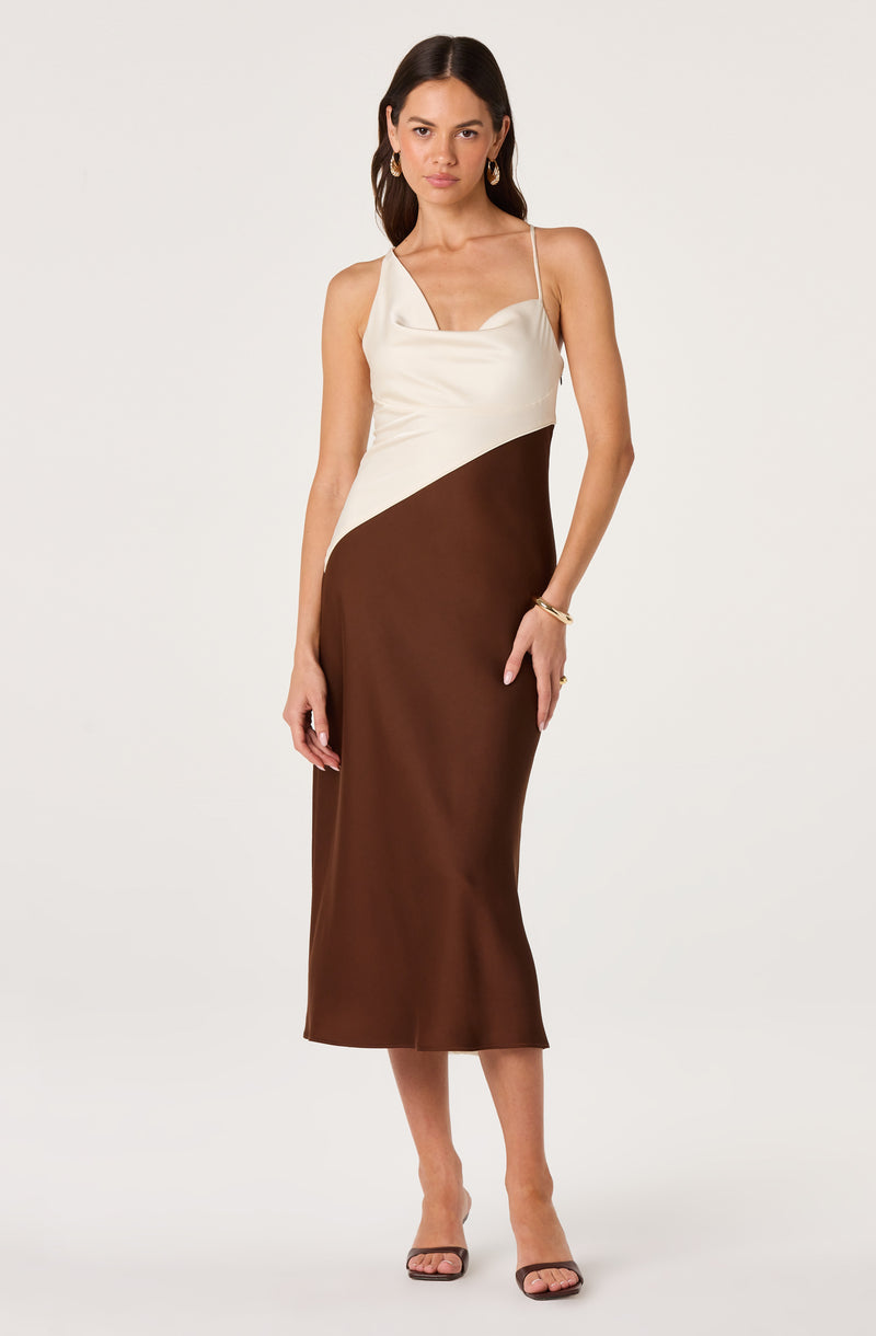 Long satin color-block dress with spaghetti straps in white and brown.