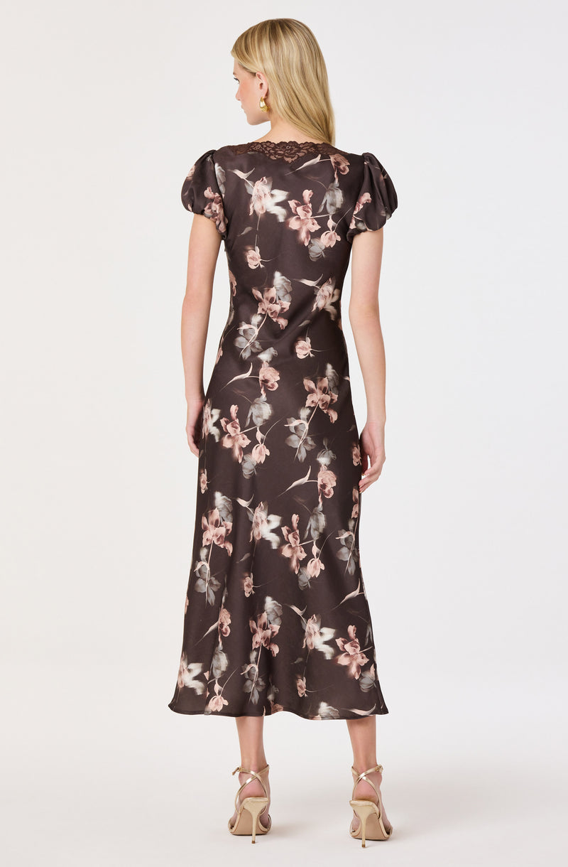 Black floral dress with puff sleeves and lace detail at the neckline, midi length.