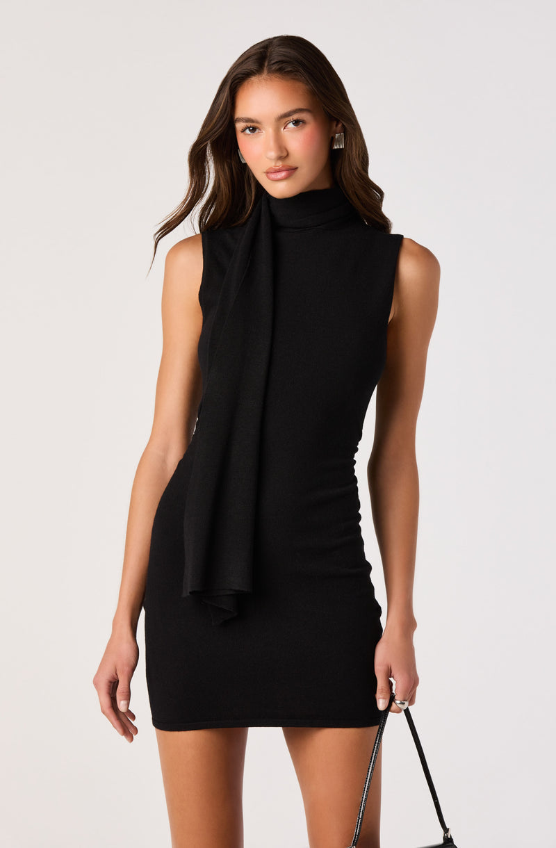 Sleeveless black turtleneck dress with a long black scarf.