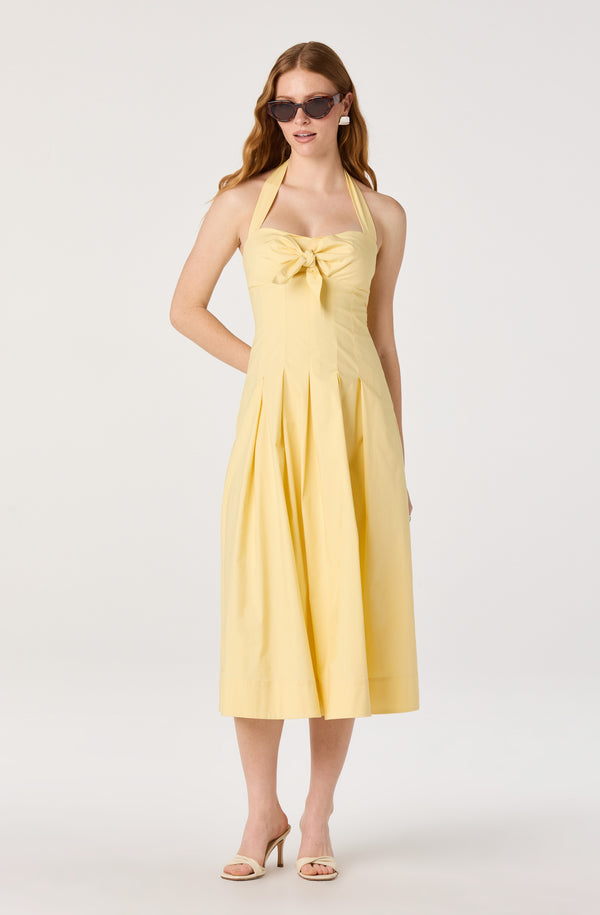 ASTR the Label | Janae Pleated Halter Midi Dress in Butter Yellow | Size M