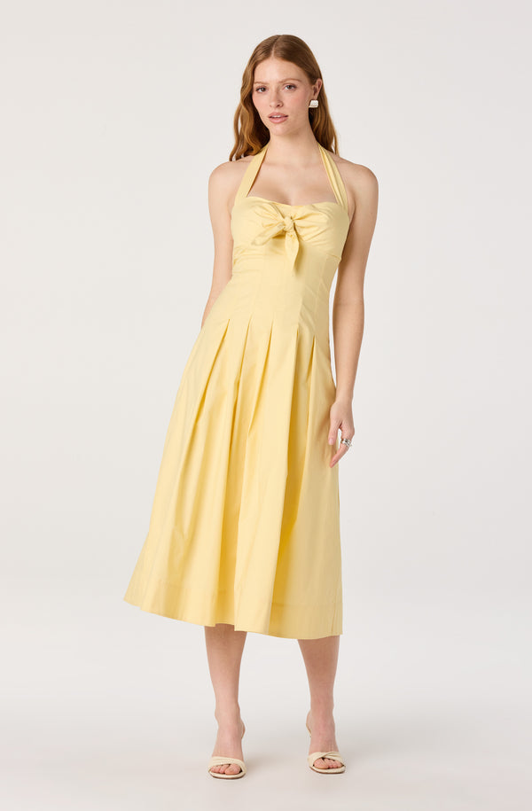 ASTR the Label | Janae Pleated Halter Midi Dress in Butter Yellow | Size M