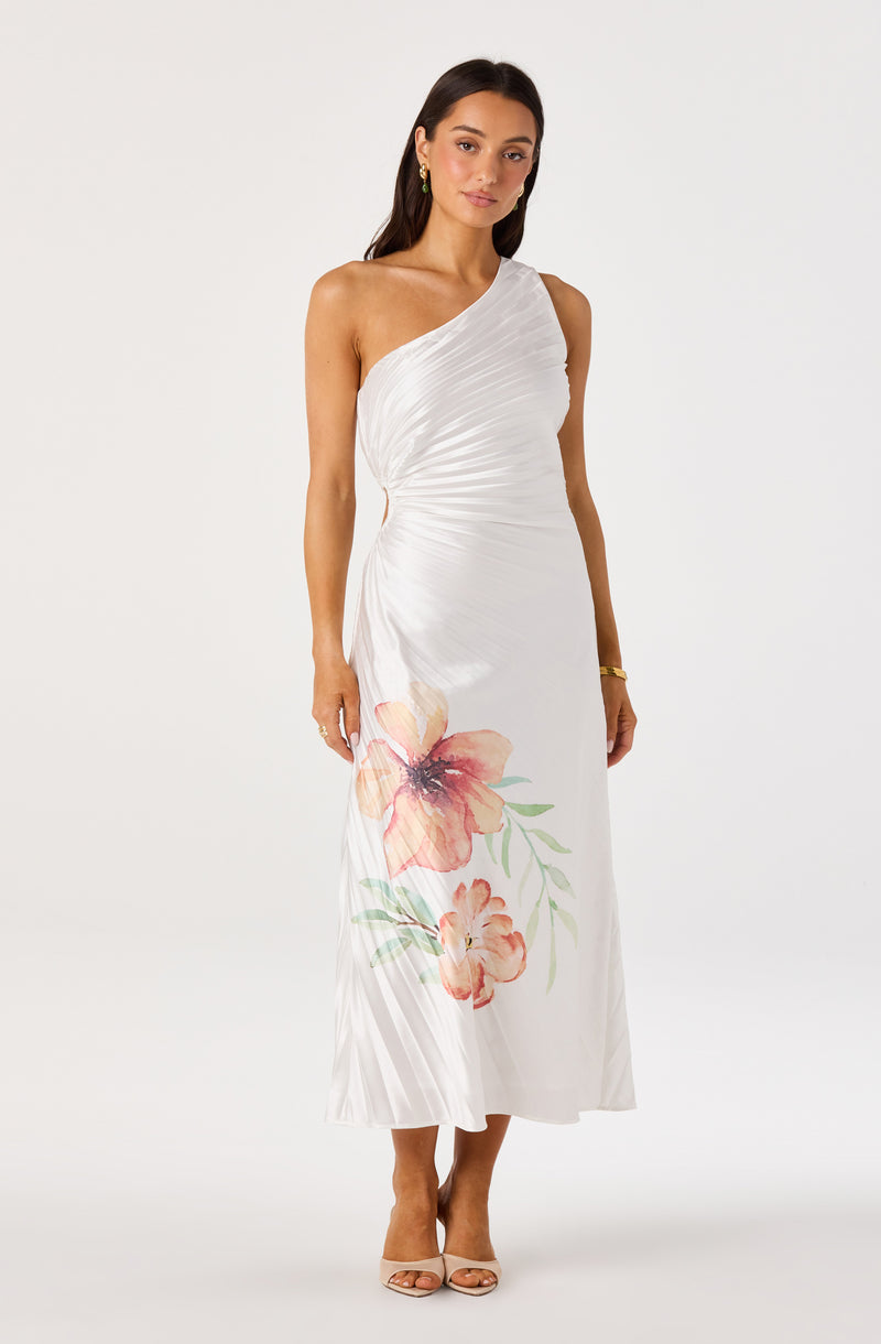 White one-shoulder maxi dress with a floral print and pleated details.