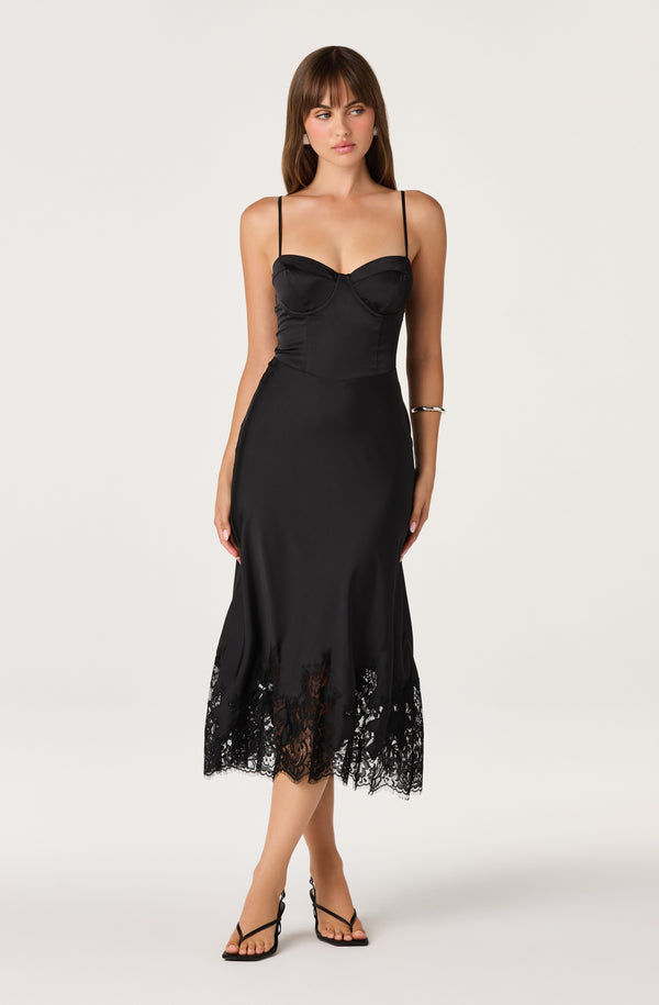 bustier corset midi dress ASTR the Label | Abrianna Satin in Black Size medium measures 40 40% off & more SizeChart: size_chart_plus_bottoms Size:ONE FREE SIZE:  FITS MOST S-XL Lace corset