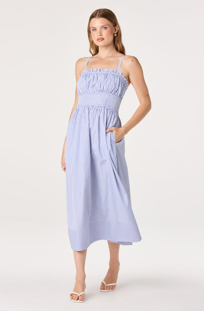 ASTR the Label | Montserrat Smocked Milkmaid Midi Dress in Blue Stripe