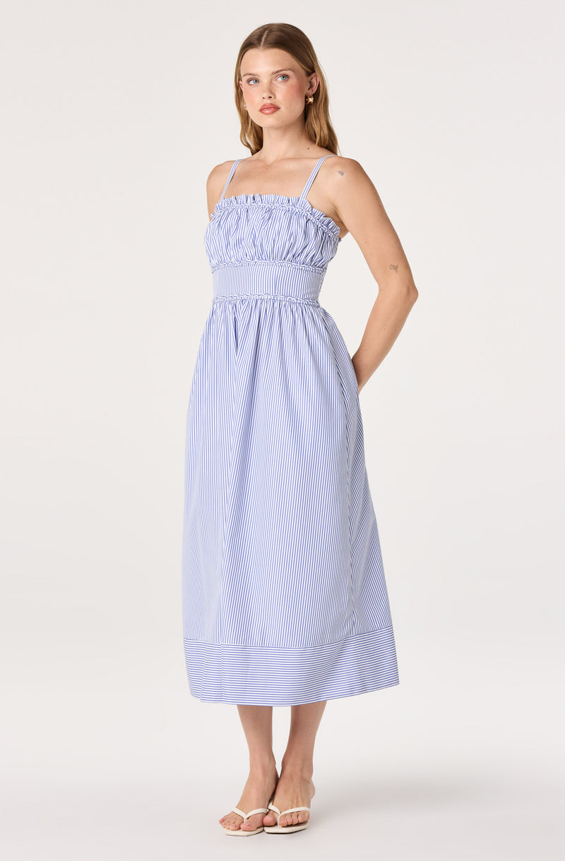 Blue and white striped sleeveless dress with spaghetti straps and gathered bodice.
